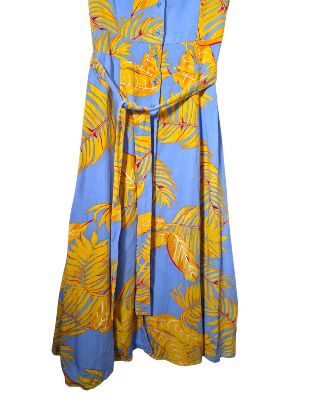 The Editor’s Market Delina Midi Dress Sky Blue Yellow Tropical Palm Print Tie - Picture 4 of 7